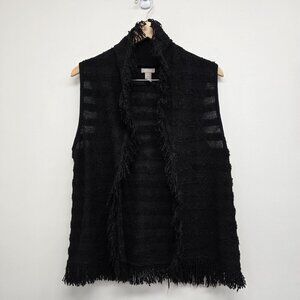 Chico's Open Front Cardigan Vest Black Semi Sheer Knit Fringe Size 1 (Medium 8)